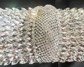 New Silver With Clear Austrian Crystal Cluster Minaudière Evening Clutch Bag- Detachable shoulder Silver Chain inside