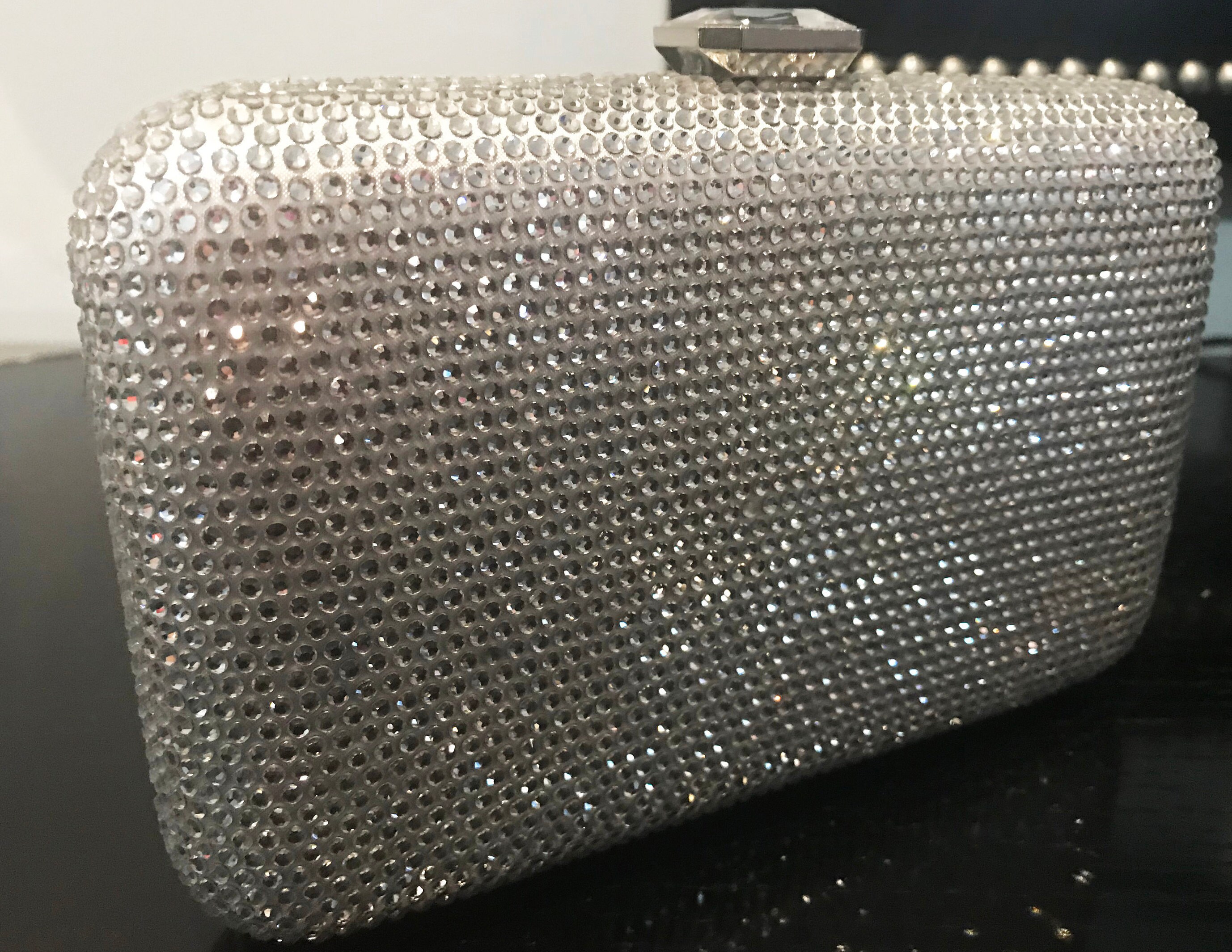 New Silver With Clear Crystal Hard Clutch Handbag With