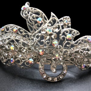 New Stunning Light Silver Filagree With Iridescent Crystal 4 1/2''L Hair Barrette Leverback image 1