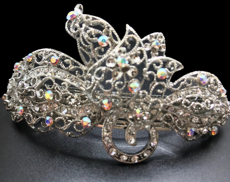 New Stunning Light Silver Filagree With Iridescent Crystal 4 1/2''L Hair Barrette Leverback image 1