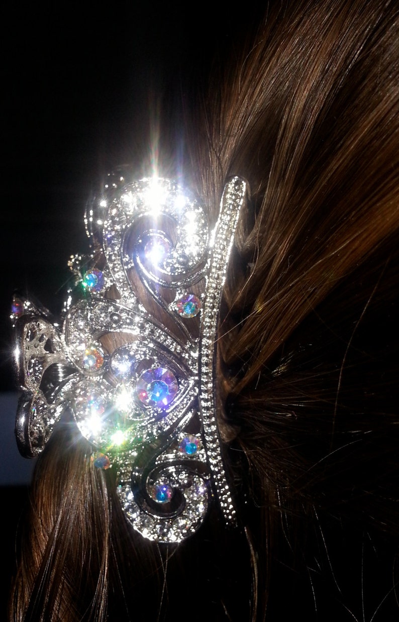 New Bridal Antique Silver /& Iridescent rhinestone Art Deco 2 34/'/' Hair Claw Clip