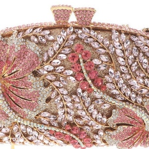 New Gold With  Rose Pink Floral Austrian Crystal -Hard Shell Minaudière Clutch Evening Handbag