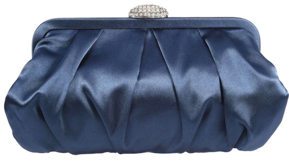 New Navy Inverted Pleated Satin Evening Clutch Bag With Clear