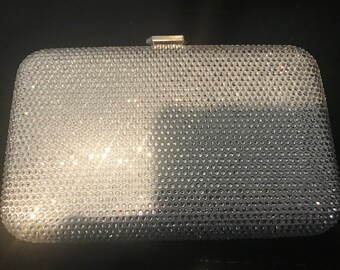 New Silver With Clear Crystal Hard Clutch Handbag With