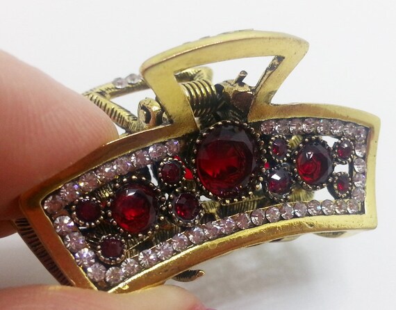 New Gold With Red Ruby Crystal CZ Crystal & Rhinestone 1 1/2  display picture 3