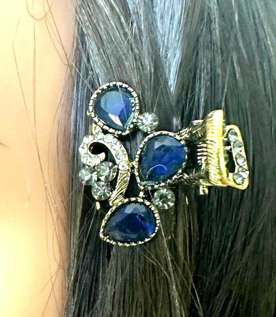 Antique Mini Gold Sapphire Rhinestone Hair Claw Clip, Art Deco