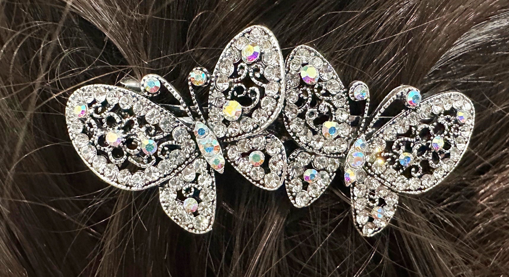 Silver Crystal Double Butterfly Hair Barrette: Silver Hair 