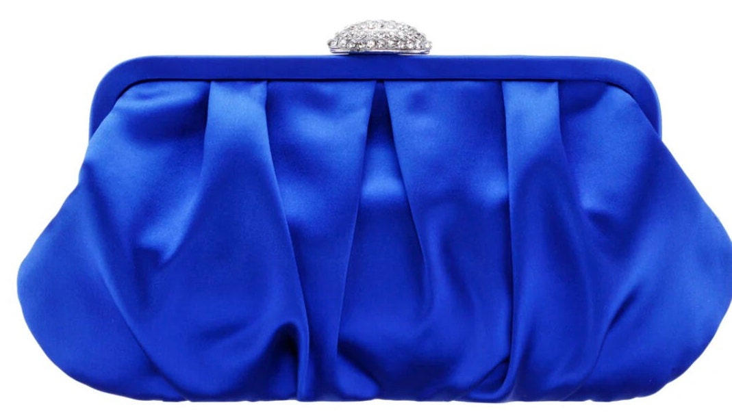 Navy Blue Evening Clutch New Royal Blue Inverted Pleated Satin Evening  Clutch Bag With Clear Crystal Closure 10 1/2'' L X 1/2'' H