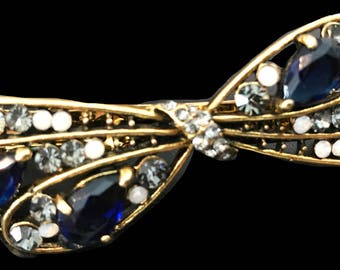 New Antique Gold With Sapphire Blue  and Clear Crystal  3 1/2 '' Hair Barrette- Lever Back