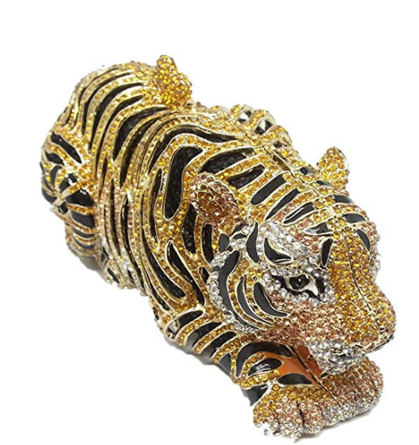 CRL1001941 - Evening bag, clutch bag - High Jewellery Tiger bag in blue  silk satin embroidered with gold. Animal that may be transformed into a  brooch, yellow