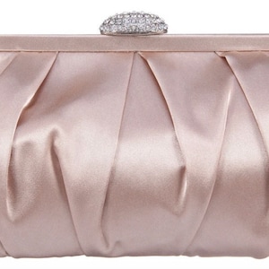 New Soft Pleated Satin Champagne With Rhinestone Closure Evening Clutch Bag