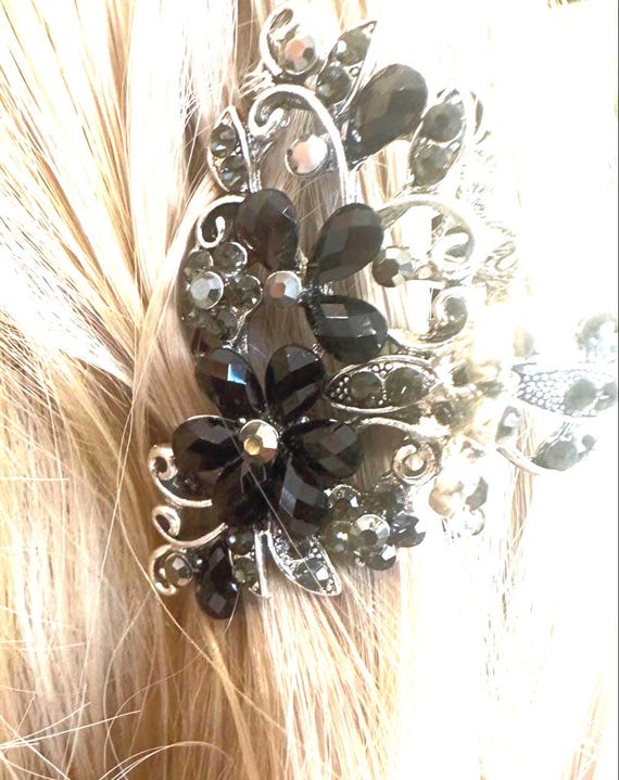 vintage double floral silver-tone metal and black & silver rhinestones hairclip Vintage Silver Tone Crystal Rhinestones Hair Claw Clip Metal  main image 2