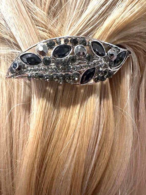 Black Rhinestone Clip, Silver Tone Hair Barrette, Elegant  display picture 3