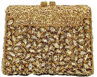 New Gold With Amber Crystal Minaudiere Hard shell Evening Clutch Handbag With Gold Shoulder Chain Inside