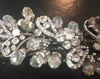 New  Silver Rhinestone Smoke Gray & Clear Crystal Cluster 3 1/2&#39;&#39; Hair Barrette Lever Back