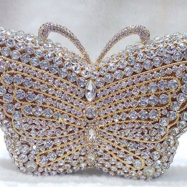 New Gold With Clear Austrian Crystal Butterfly -Hard Shell Clutch Evening Minaudiere Handbag