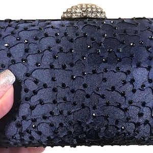 New Navy Satin with Navy Rhinestone And Crystal Closure Hardshell Evening Clutch Bag