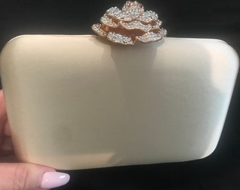 New Beautiful Champagne Light Silver grey Satin  Hardshell With Gold Encrusted Crystal Rose Closure - Evening Clutch Handbag- Fits I-phone