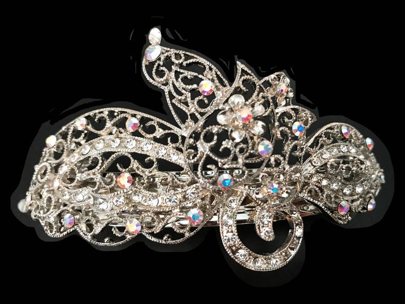 New Stunning Light Silver Filagree With Iridescent Crystal 4 1/2''L Hair Barrette Leverback image 2