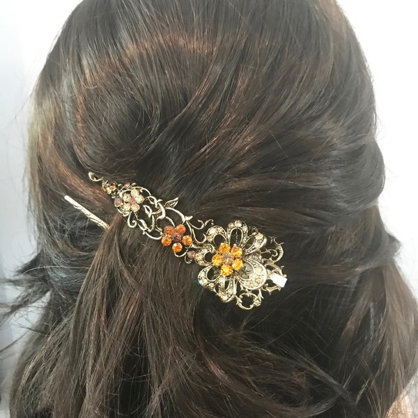 New Long 4 1/2'' Or antique avec Amber Crystal Floral Alligator Hair Claw Clip