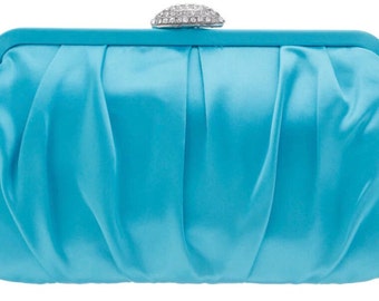 New Turquoise Inverted Pleated Satin  Evening Clutch Bag With Clear Crystal Closure 10 1/2'' L x 4 1/2'' H