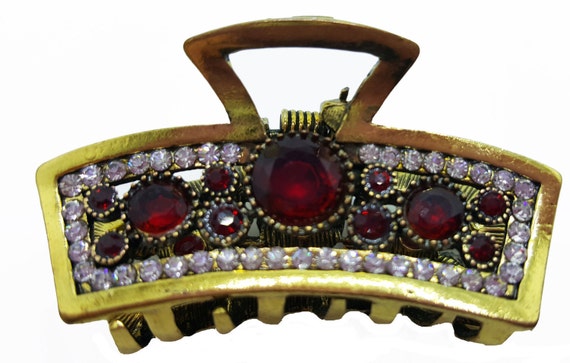 New Gold With Red Ruby Crystal CZ Crystal & Rhinestone 1 1/2  display picture 1