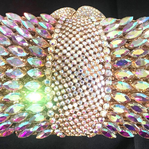 Iridescent Austrian Crystal Minaudière: Gold Evening Clutch with Chain