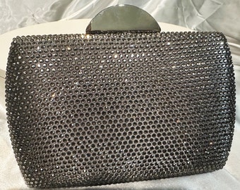 New Stunning Dark Gunmetal Gray Crystal Evening Clutch Bag with Shoulder Chain- Fits Iphone