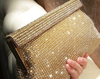 New Stunning Gold Mesh With Clear Rhinestone Soft Body Clutch Handbag