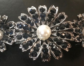 New Sapphire Triple Crystal Floral With Pearl 3 1/2'' Hair Barrette Lever Back