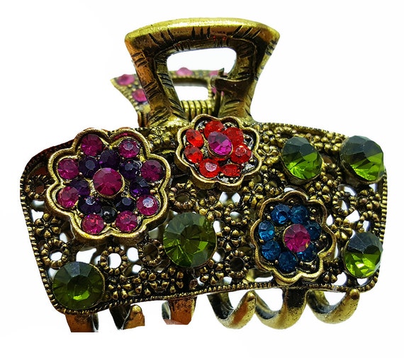 Antique Gold Floral Hair Claw Clip: Austrian Crystal  display picture 1
