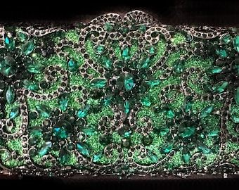 Dark Green Crystal Evening Clutch with Detachable Gunmetal Chain