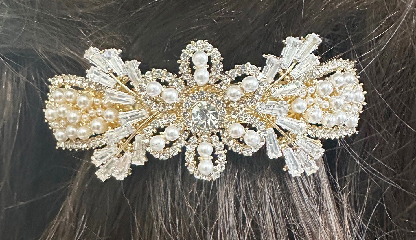 Barrette à Cheveux Or Swirl Avec Cristal Et Perle - NY FASHION ACCESSORIES, 3.5 Pouces