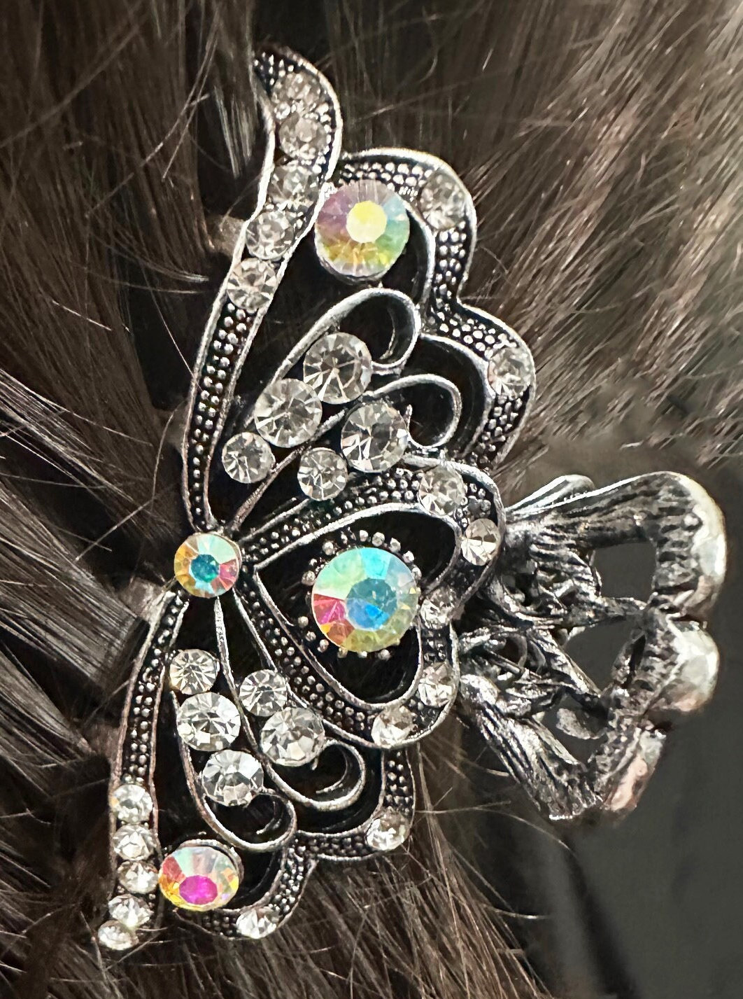 Vintage Elegant Silver and iridescent Hair Accessory Vintage Silver Tone & Purple Rhinestone Encrusted Floral  main image 3