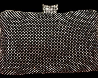 New Black With Clear Crystal Rhinestone  Hard Clutch Handbag