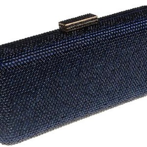 New Navy Austrian Crystal  -Hard Shell Clutch Evening Minaudière Handbag 10&#39;&#39;W x 4&#39;&#39; H-  Fits Iphone