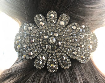 New Large 4''  Smoke Gray Crystal Floral  Hair Barrette -Lever Back