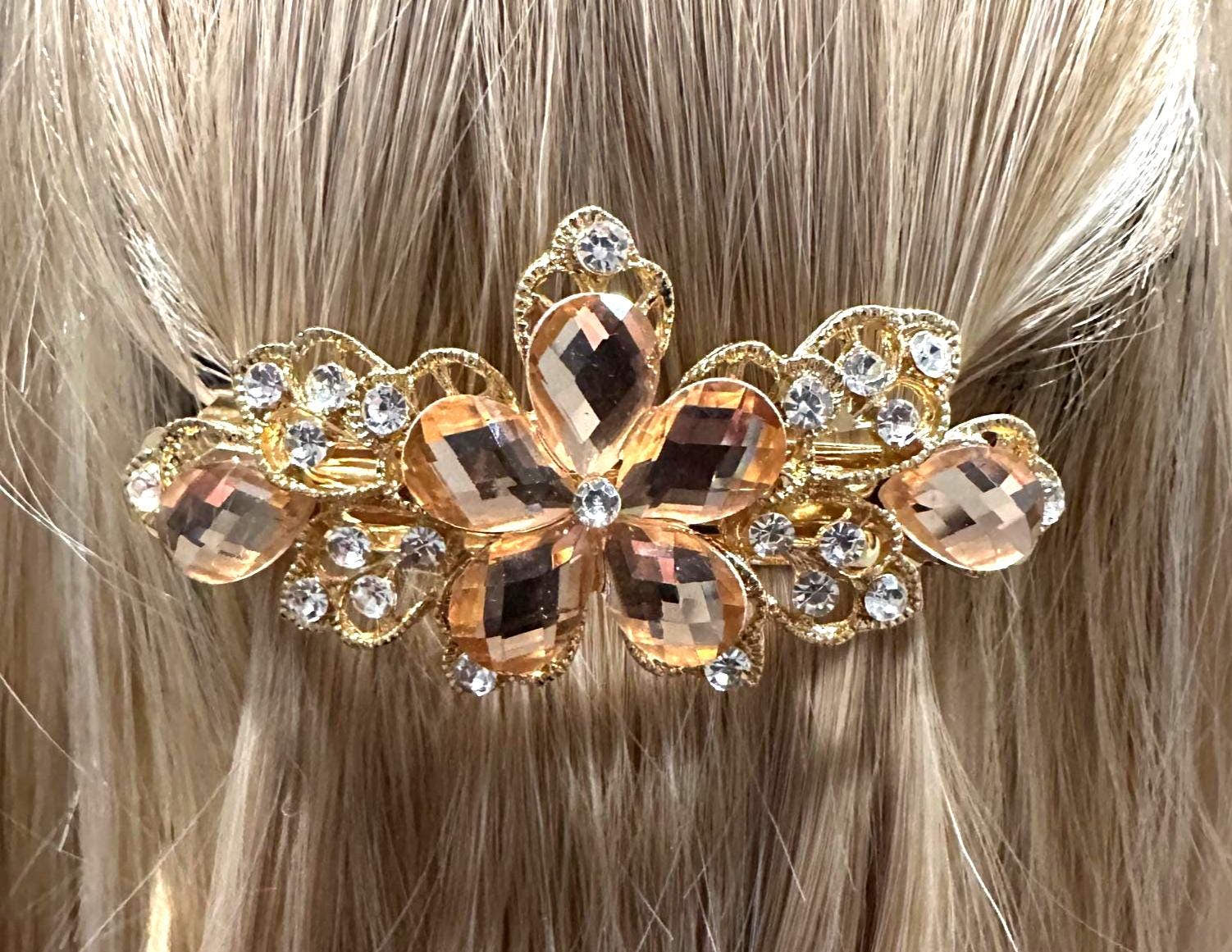 Gold-Tone Floral Hair Barrette Alloy 3x1 Inches Women\'s Hair Accessory Gold Floral Barrette - Etsy main image 4