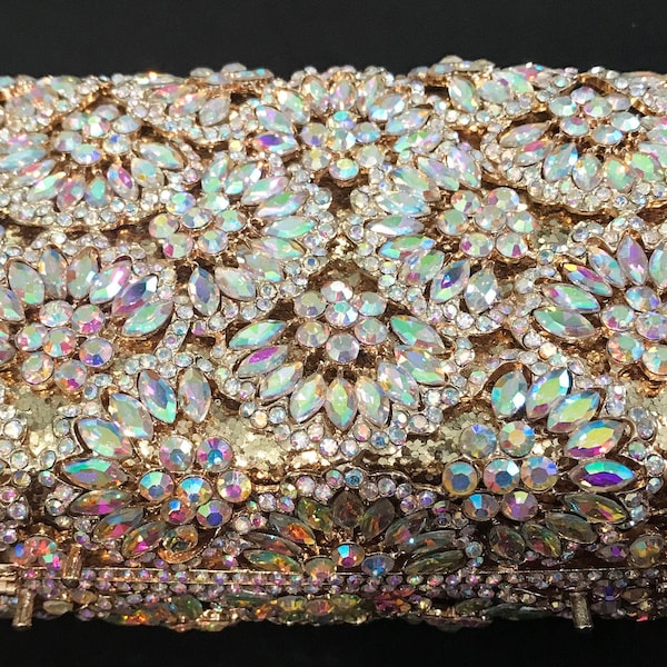 New Gold With IridescentAustrian Floral Crystal Hard Shell Clutch Evening Handbag - detachable Gold shoulder chain