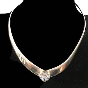 Estate Vintage Adjustable Solid Sterling Silver With Clear Crystal Center Heart Choker Necklace