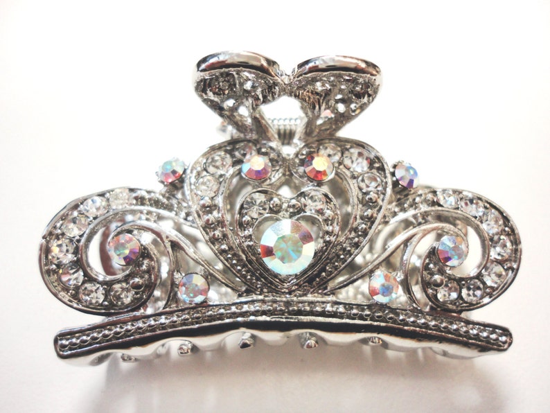 New Bridal Antique Silver /& Iridescent rhinestone Art Deco 2 34/'/' Hair Claw Clip