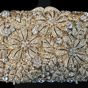 New Gold Floral Minaudière With With Clear Austrian Floral Rhinestone Hard Clutch Handbag