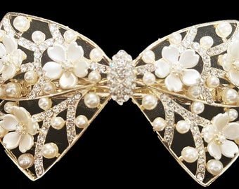 New Floral Bow With Pearls & Crystal Hair 4 &#39;&#39; Barrette Lever Back