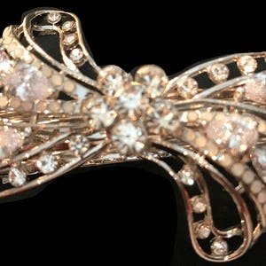 New Silver With Clear  Crystal & Rhinestones Floral Bow 3 1/2&#39;  Hair Barrette- Lever Back