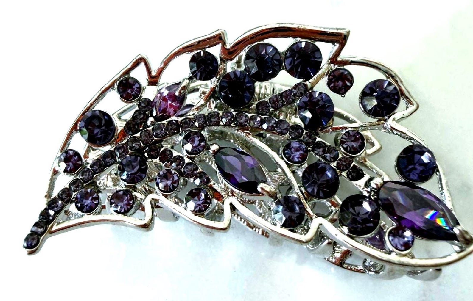 Purple crystal hair accessories - Silver Metal With Amethyst Crystal Hair Claw Clip