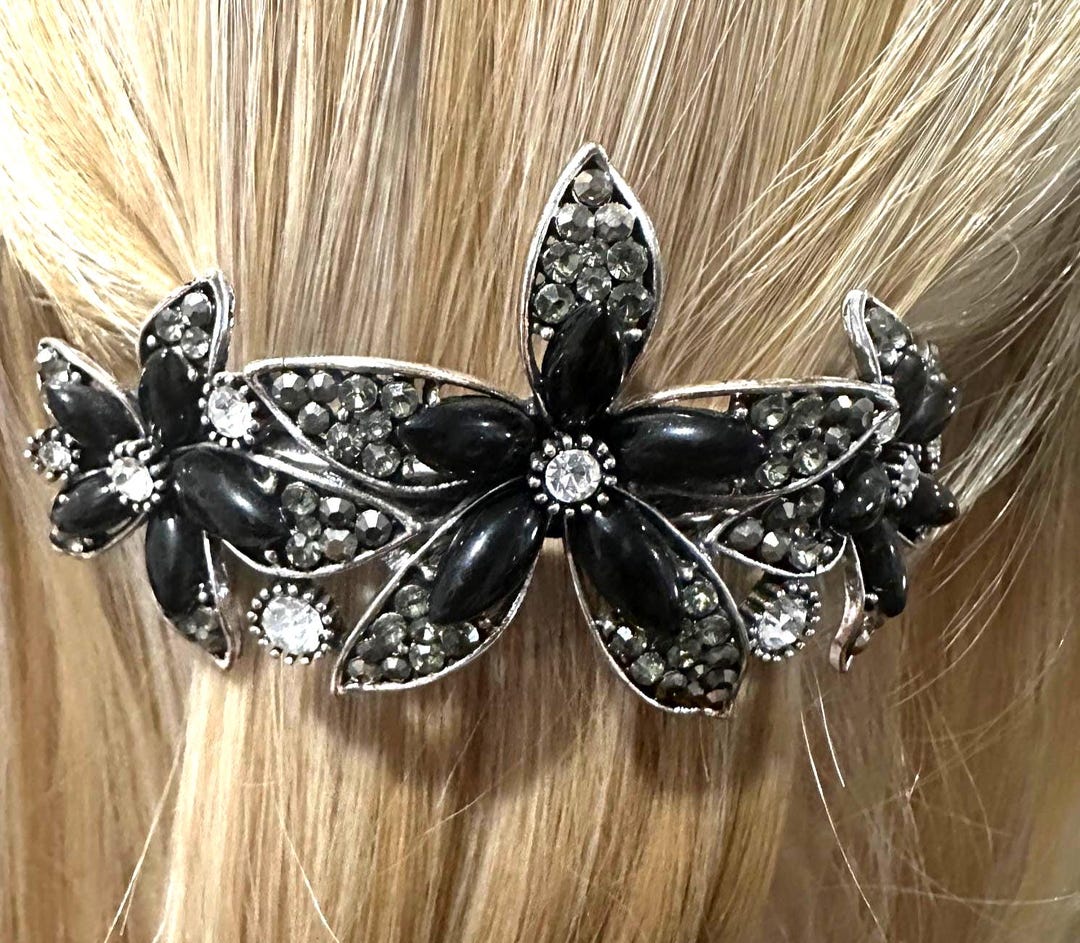 New Triple Floral Antique Silver With Black Lacquer & CZ  display picture 3