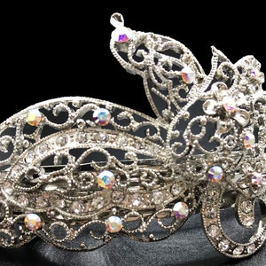 New Stunning Light Silver Filagree With Iridescent Crystal 4 1/2''L Hair Barrette Leverback image 3