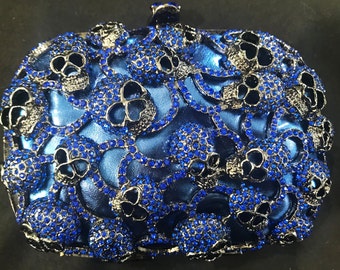 New Royal Blue With Austrian Crystal  Skull -Hard Shell Clutch Evening Minaudière Handbag