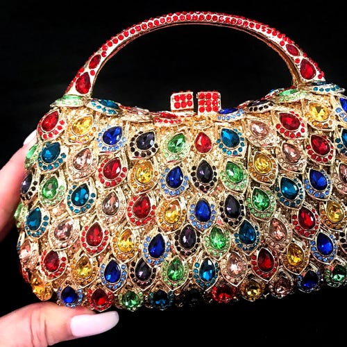 New Gold Multi Color Crystal  Petal Crystal Design Evening Handbag