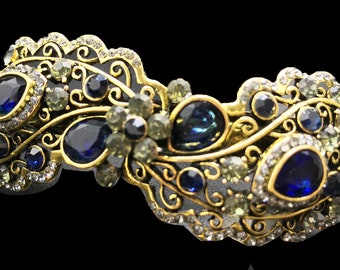 New  Sapphire and Rhinestone Swirl &quot; Art Deco&quot;  Antique Gold Metal 3&#39;&#39; Hair Barrette
